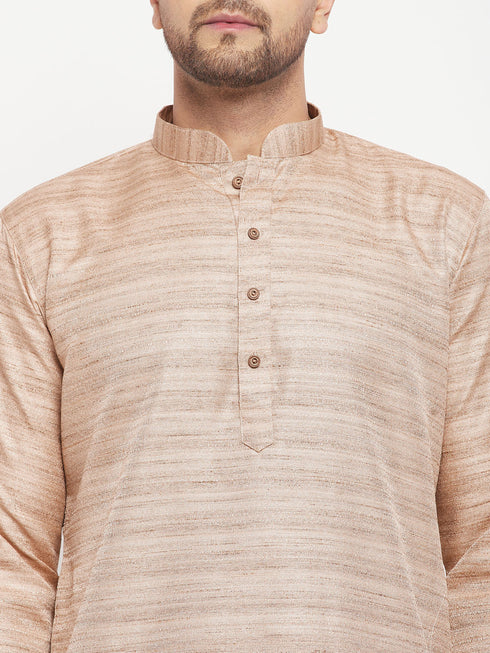 Vastramay Men's Beige Matka Silk Kurta and Black Pant Style Pyjama Set